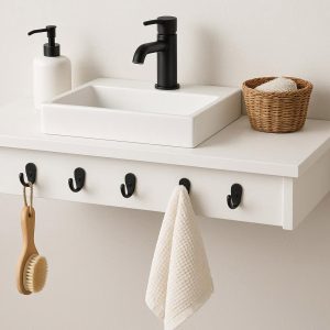 Floating Vanity Shelf with Hooks White Finish